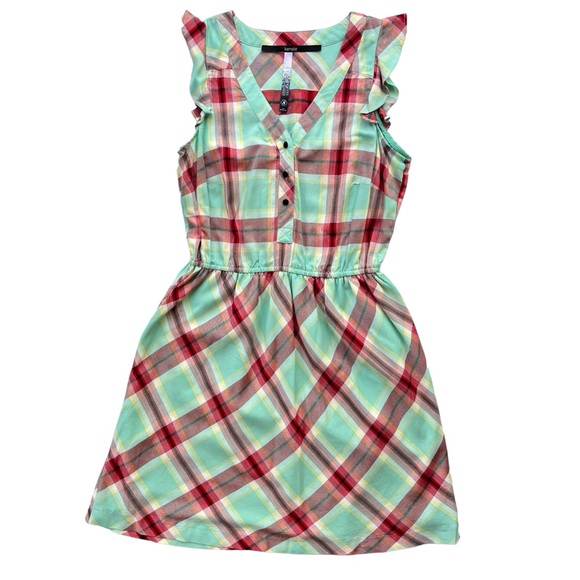 Kensie Dresses & Skirts - Kensie Womens Sz Small Teal Red Plaid Button Front Sleeveless Ruffle Flowy Dress